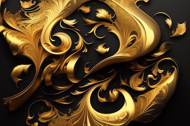 A black background with gold and white designs.