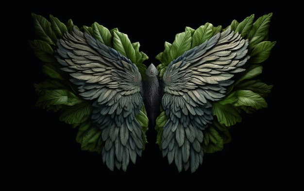 A black background with a green bird wings.