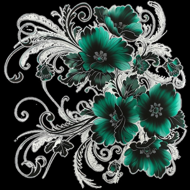 Photo a black background with green flowers and silver swirls