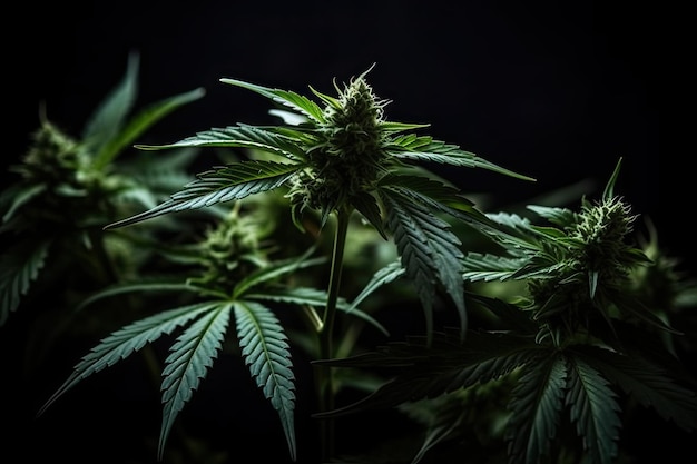 A black background with a green hemp plant in the foreground and a black background.