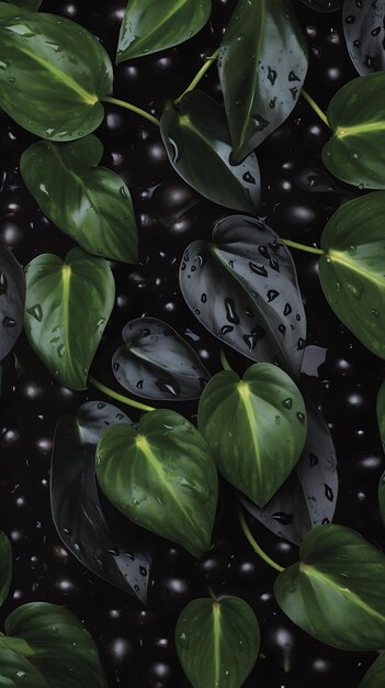 a black background with green leaves and black dots