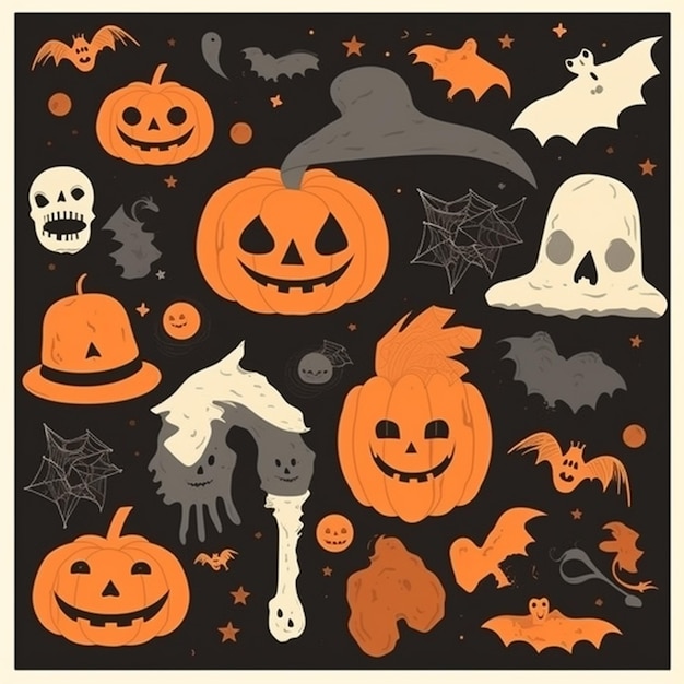 A black background with a halloween pumpkins, bats, and bats.