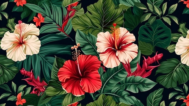 A black background with hibiscus flowers and leaves.