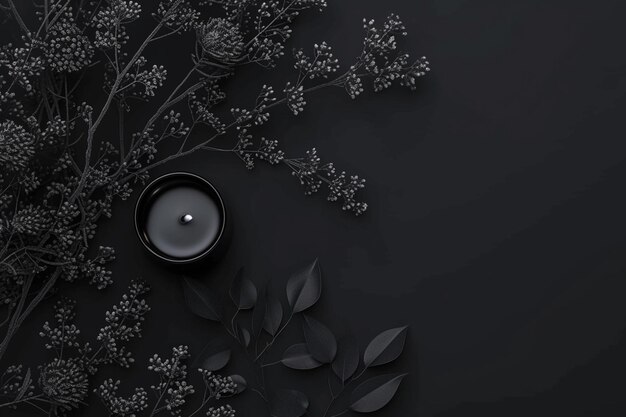 Photo a black background with a lamp and a candle with flowers on it