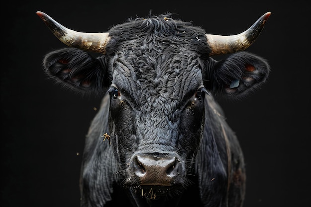 A black background with a large head of a bulls face