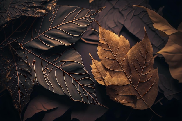 A black background with leaves and a gold leaf on it.