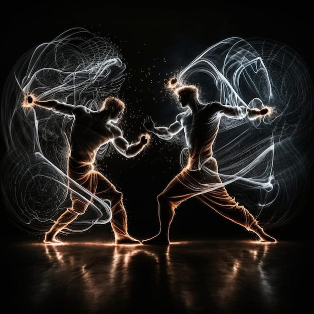 A black background with a light painting of two men dancing.