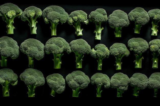 A black background with many different types of broccoli