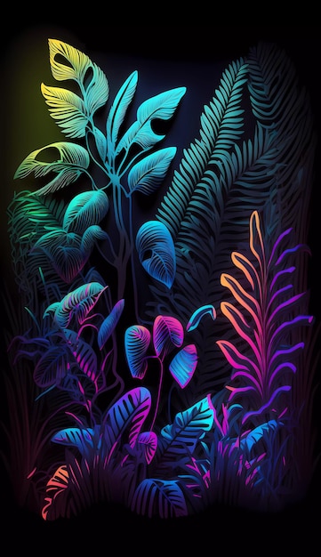 A black background with a neon jungle and plants.