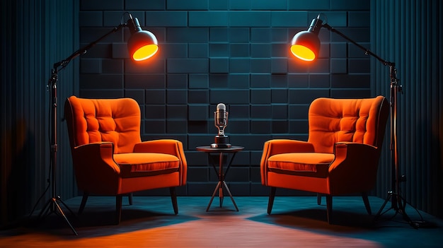 Black background with orange armchairs Two chairs and microphones on the table in a podcast studio