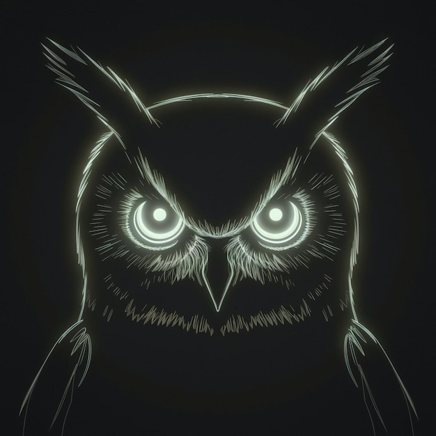 a black background with an owl with a green light on it