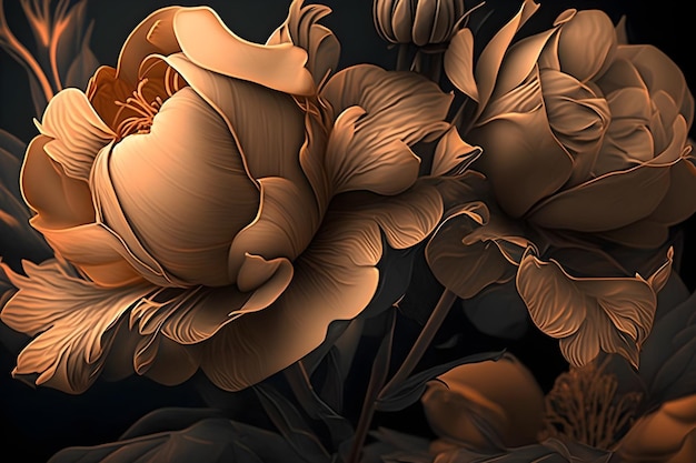 A black background with a painting of flowers and leaves.