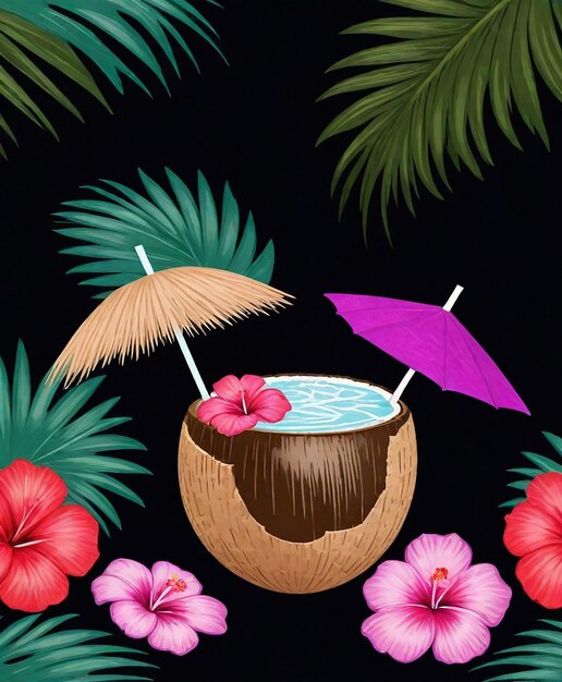 a black background with a palm tree umbrella and a palm tree