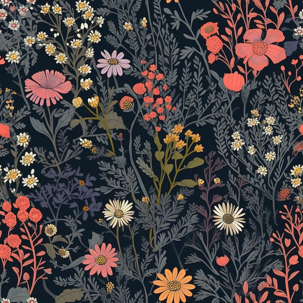 A black background with a pattern of flowers and plants.