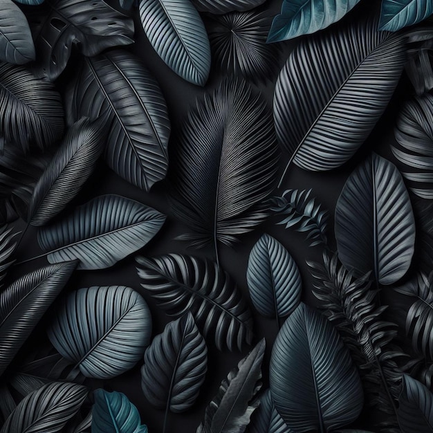 a black background with a pattern of leaves and blue and black leaves