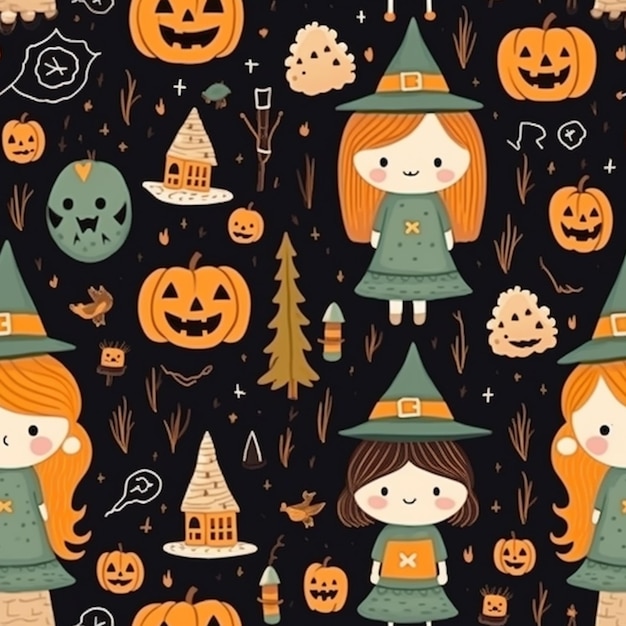 A black background with a pattern of little girls dressed in halloween costumes generative ai