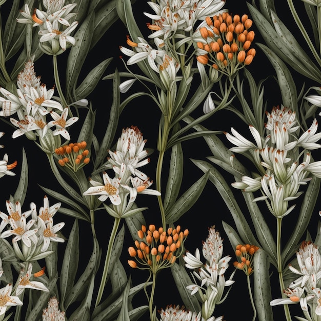 A black background with a pattern of white and orange flowers and the word lilies.