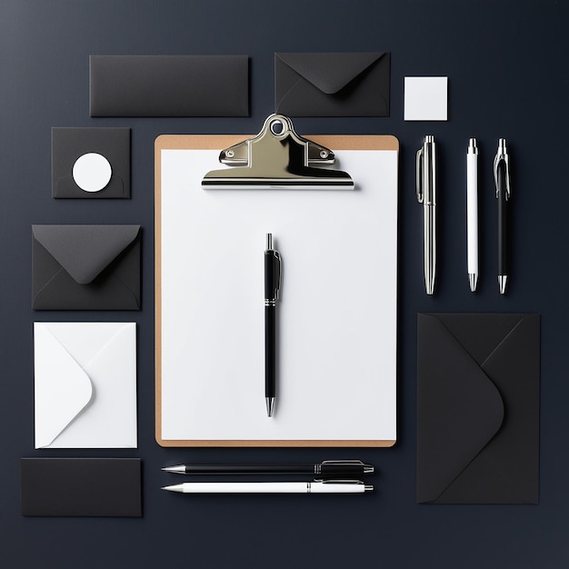 a black background with a pen and a white paper on it