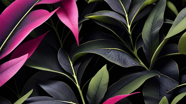 A black background with pink leaves and pink flowers.