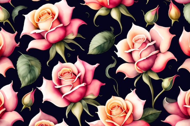 A black background with pink roses and green leaves