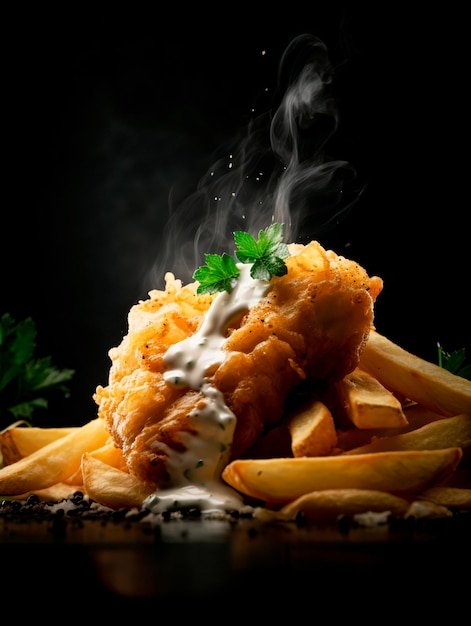 A black background with a plate of food with a white sauce on it and a fish on it.