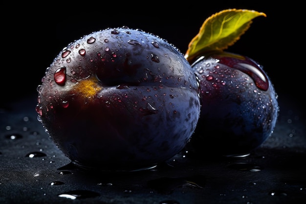 A black background with a plum and a green leaf.