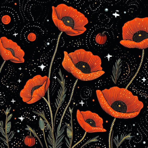 a black background with poppies and stars.