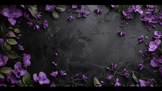 A black background with purple flowers in the foreground