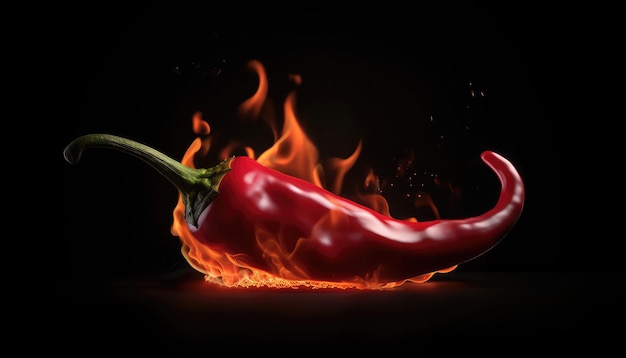 Black background with red chili peppers on fire