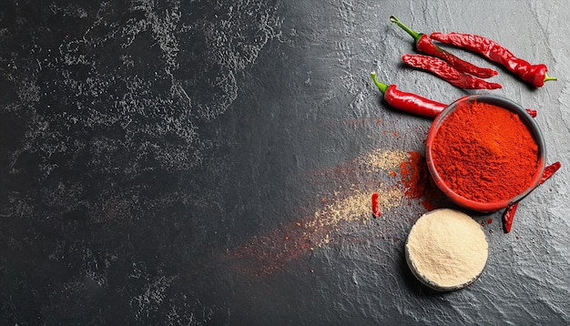 A black background with red chili peppers and a pile of red pepper on it.