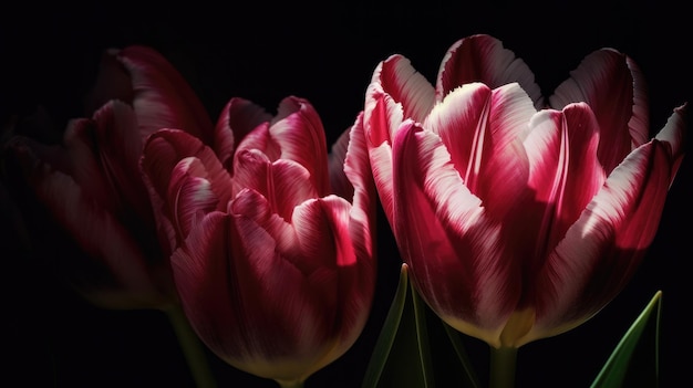 A black background with red flowers and the word tulips on it