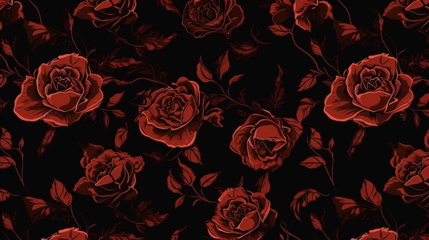 A black background with red roses and leaves.