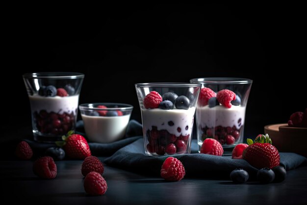 A black background with a row of glasses of yogurt with berries on it.