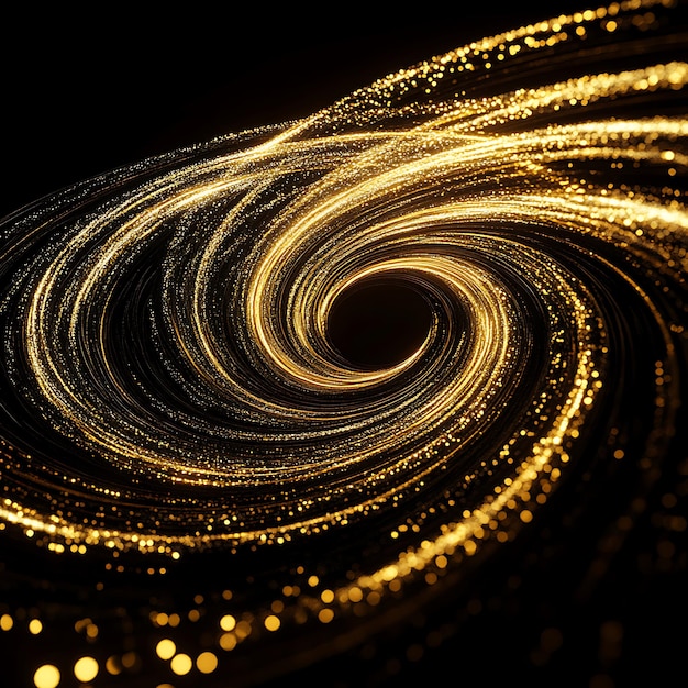 Photo a black background with a spiral and gold particles