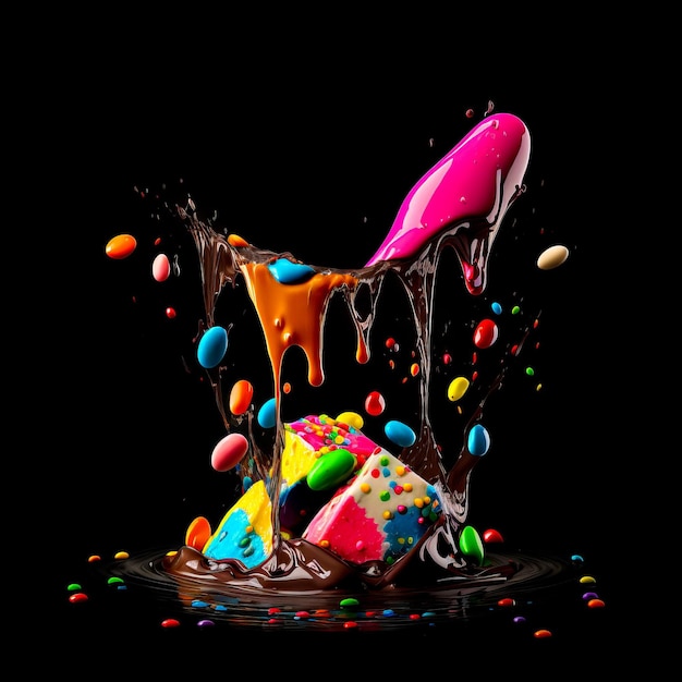 A black background with a splash of chocolate and a colorful ice cream.