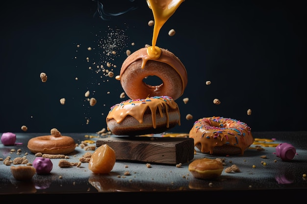 A black background with a sprinkle of icing pouring over a pile of doughnuts.