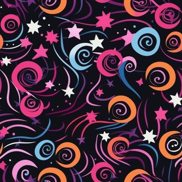 A black background with stars and swirls.