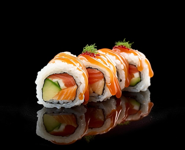 A black background with sushi and salmon on it