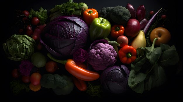 A black background with a variety of vegetables including red, green, yellow, and purple.