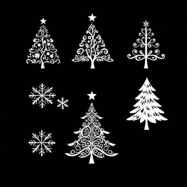 Photo a black background with a white christmas tree and snowflakes