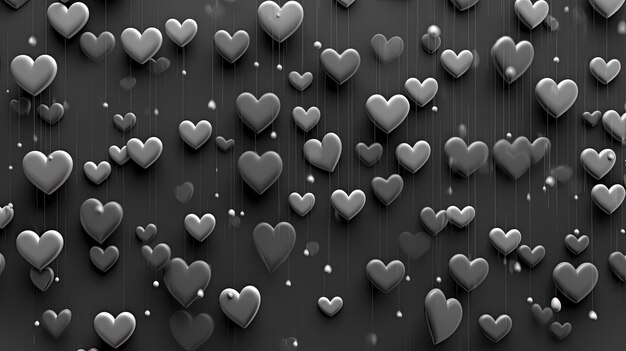 a black background with white silver hearts in the style of ominous vibe