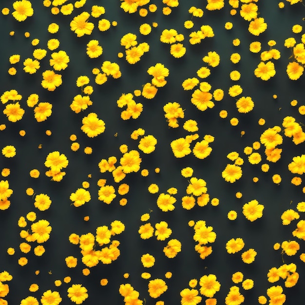 A black background with yellow flowers floating in the air.