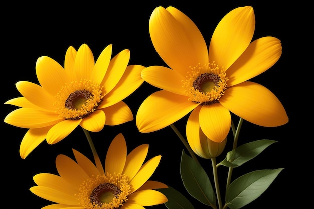 A black background with yellow flowers and green leaves