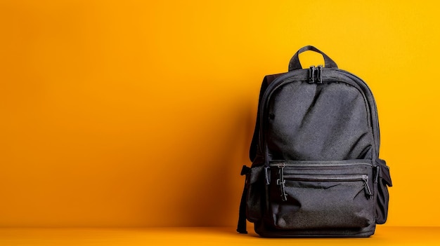 Black Backpack Against Vibrant Yellow Background