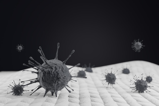 Black bacteria germs spread on white cloth 3d rendering.