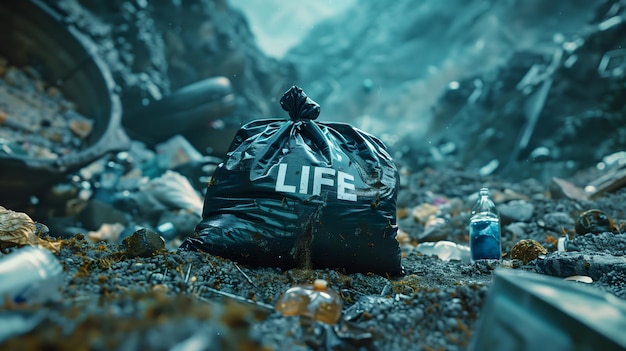 Photo a black bag labeled life stands among the trash debris area