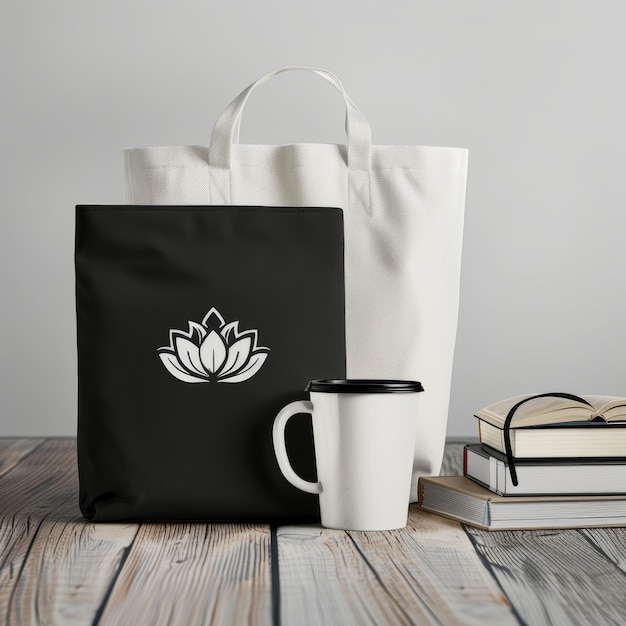 a black bag with a white lotus on it sits next to books on a wooden table