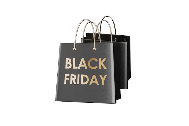 Black bags with gold inscription Black Friday Sales and shopping bags 3d render