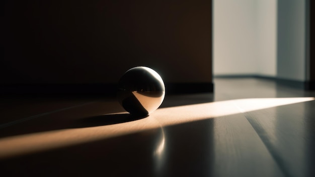 A black ball is on a wooden floor in front of a window.