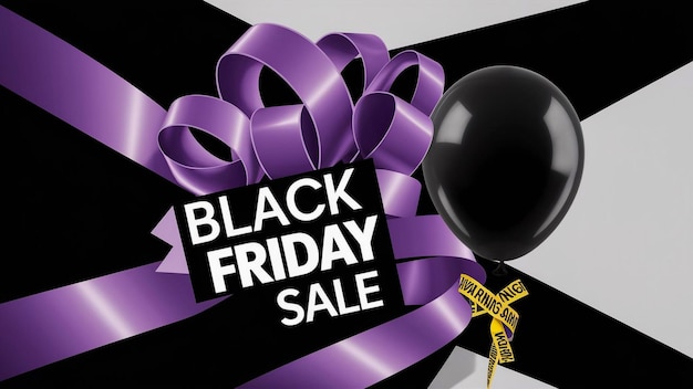 a black balloon with a purple ribbon that says black friday sale